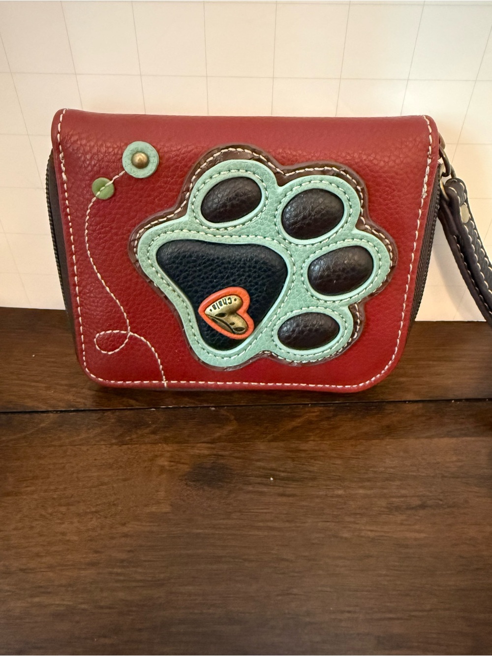 CHALA Paw Print Zip Around Faux Leather Maroon Wallet / Wristlet